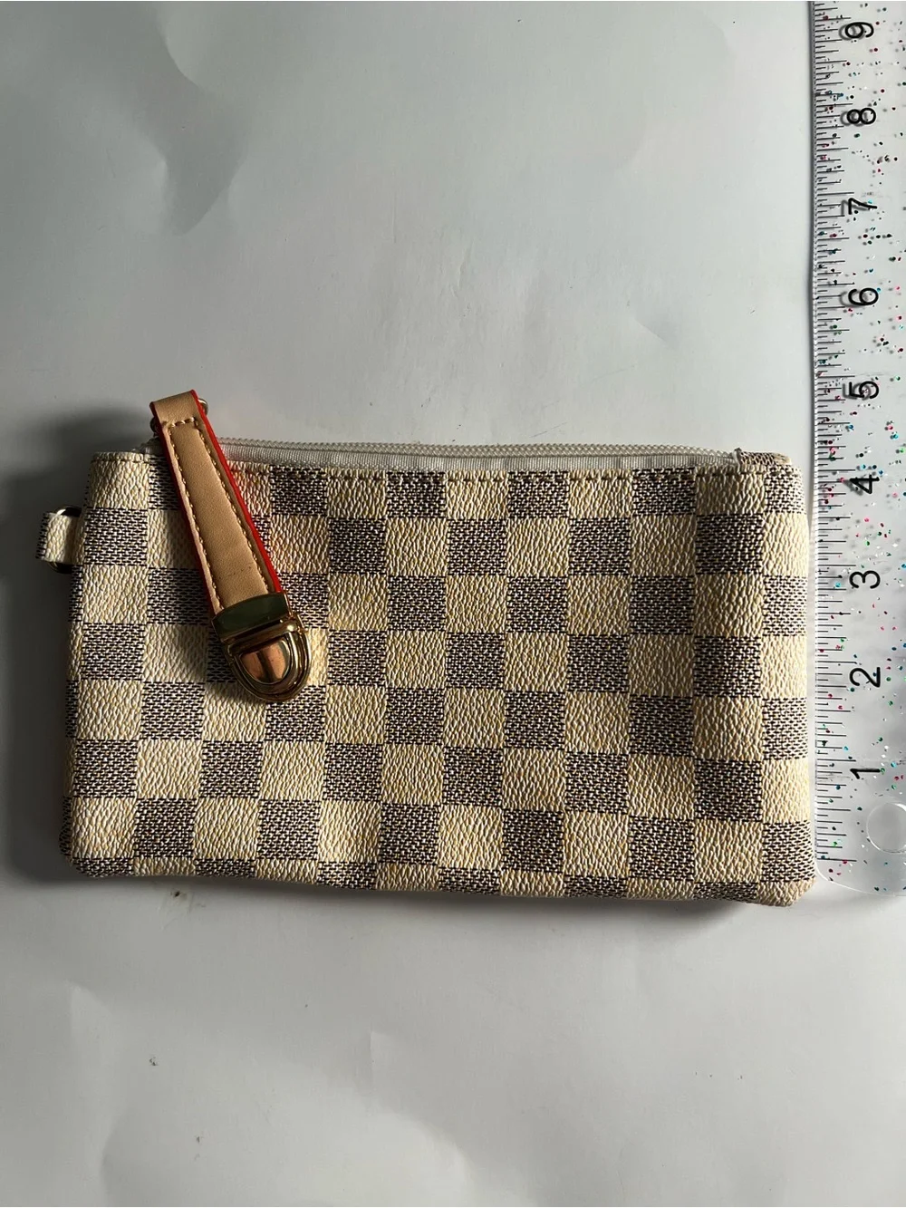 Cream Neutral Checkered Wristlet Pouch